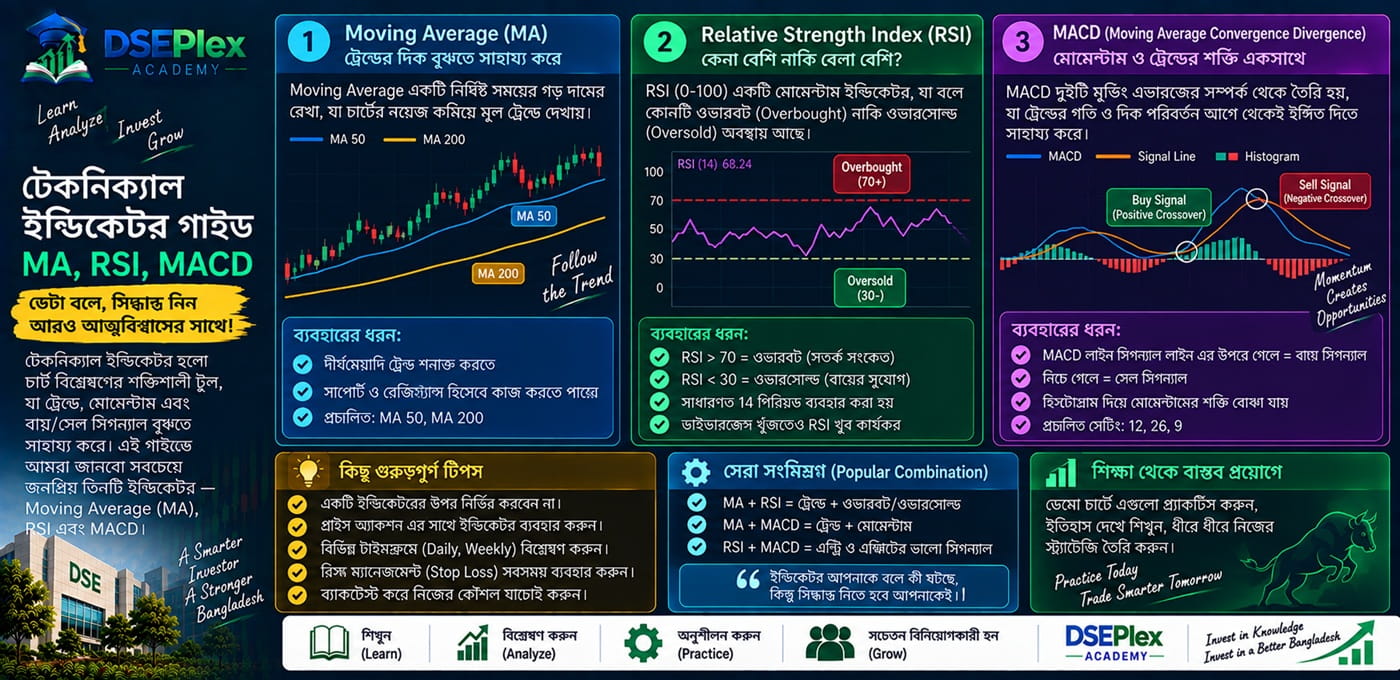 টেকনিক্যাল ইন্ডিকেটর নির্দেশিকা: Moving Average, RSI ও MACD ব্যবহারের নিয়ম